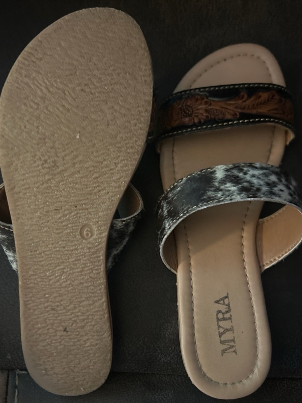 Myra Bag Women's Two-Strap Slides in Black Speckle and Brown Tooled Accent